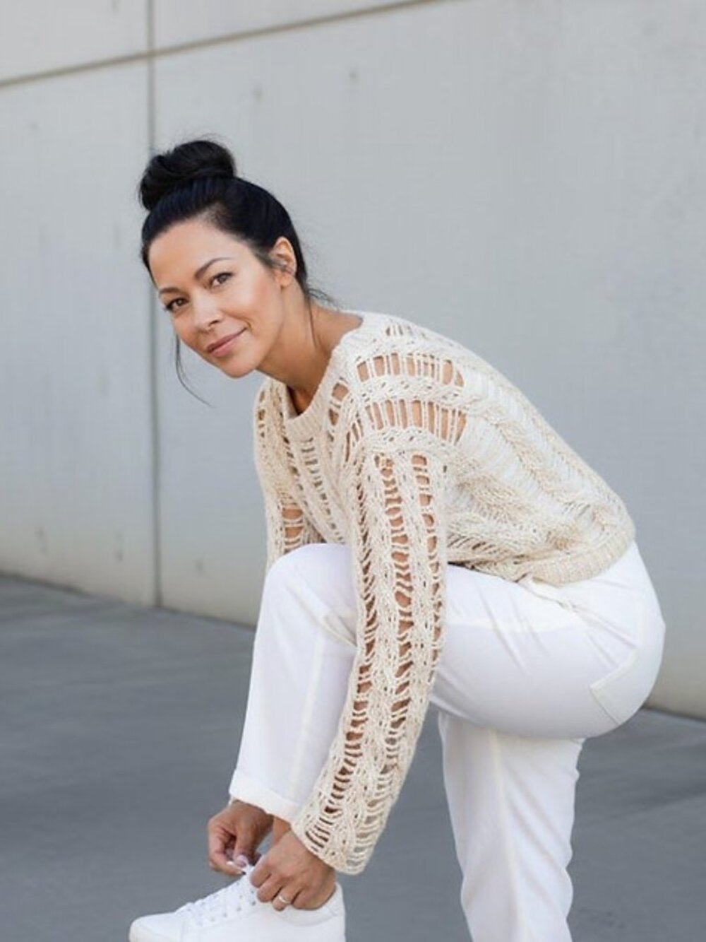 Cream Net Cable Knit Long Sleeves Pullover Sweater Cover-Up Top